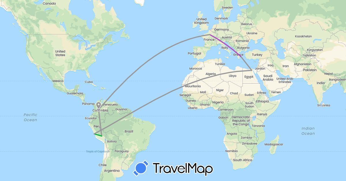 TravelMap itinerary: driving, bus, plane, train in Colombia, Egypt, France, Greece, Peru (Africa, Europe, South America)